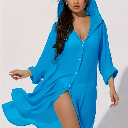 Hooded Button Beach Cover Up
