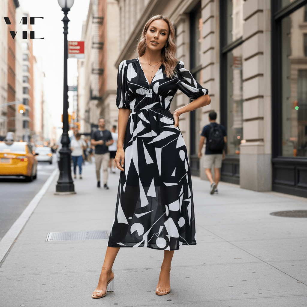 Vestido midi de escote en V fácil de combinar