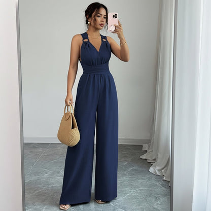 V Neck Wide Leg Jumpsuits