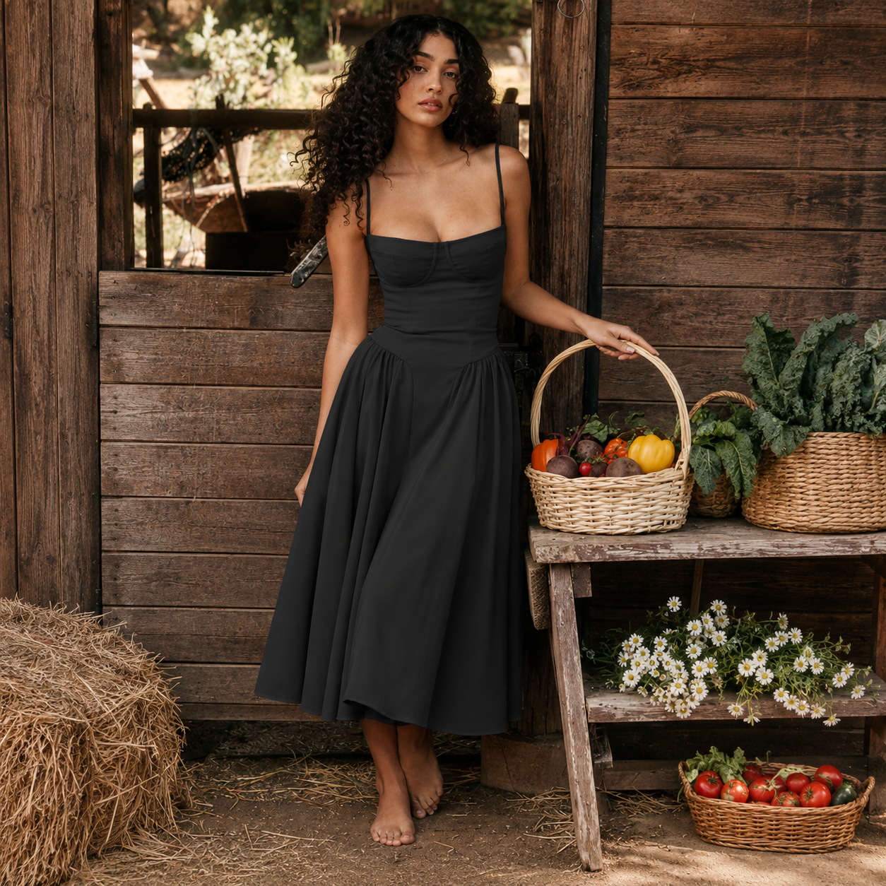 Elegant Corset Midi Dress with Adjustable Straps