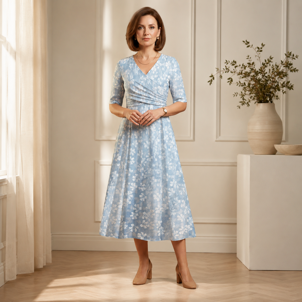 V-Neck Midi Dress With Side Pockets