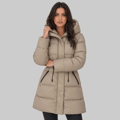 Billie light taupe coat, front view