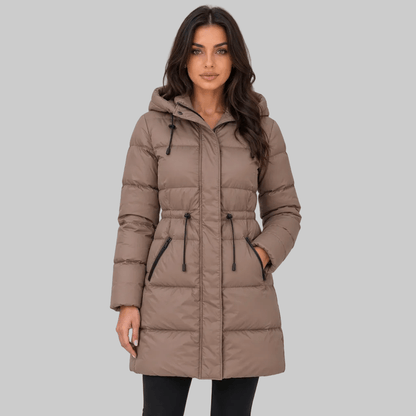 Billie taupe coat, front view