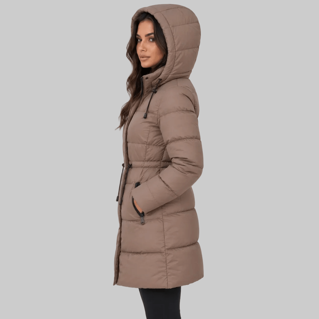Billie taupe coat, hood-up side view