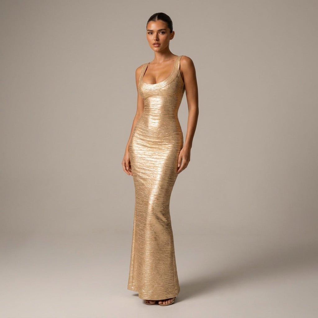 Metallic Sculpted Scoop Neck Maxi Dress