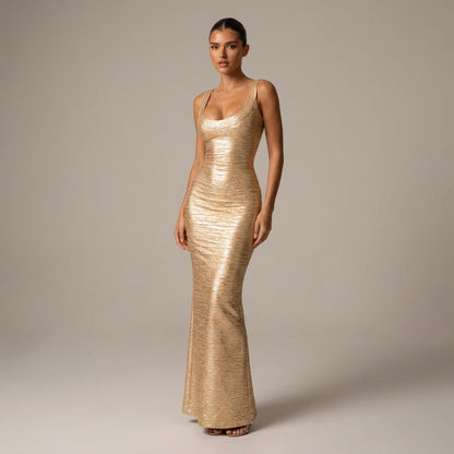 Metallic Sculpted Scoop Neck Maxi Dress