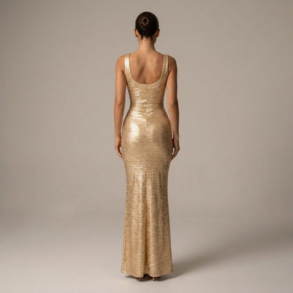 Metallic Sculpted Scoop Neck Maxi Dress