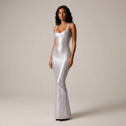 Metallic Sculpted Scoop Neck Maxi Dress