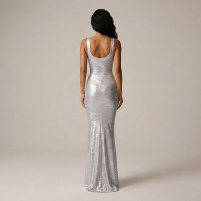 Metallic Sculpted Scoop Neck Maxi Dress