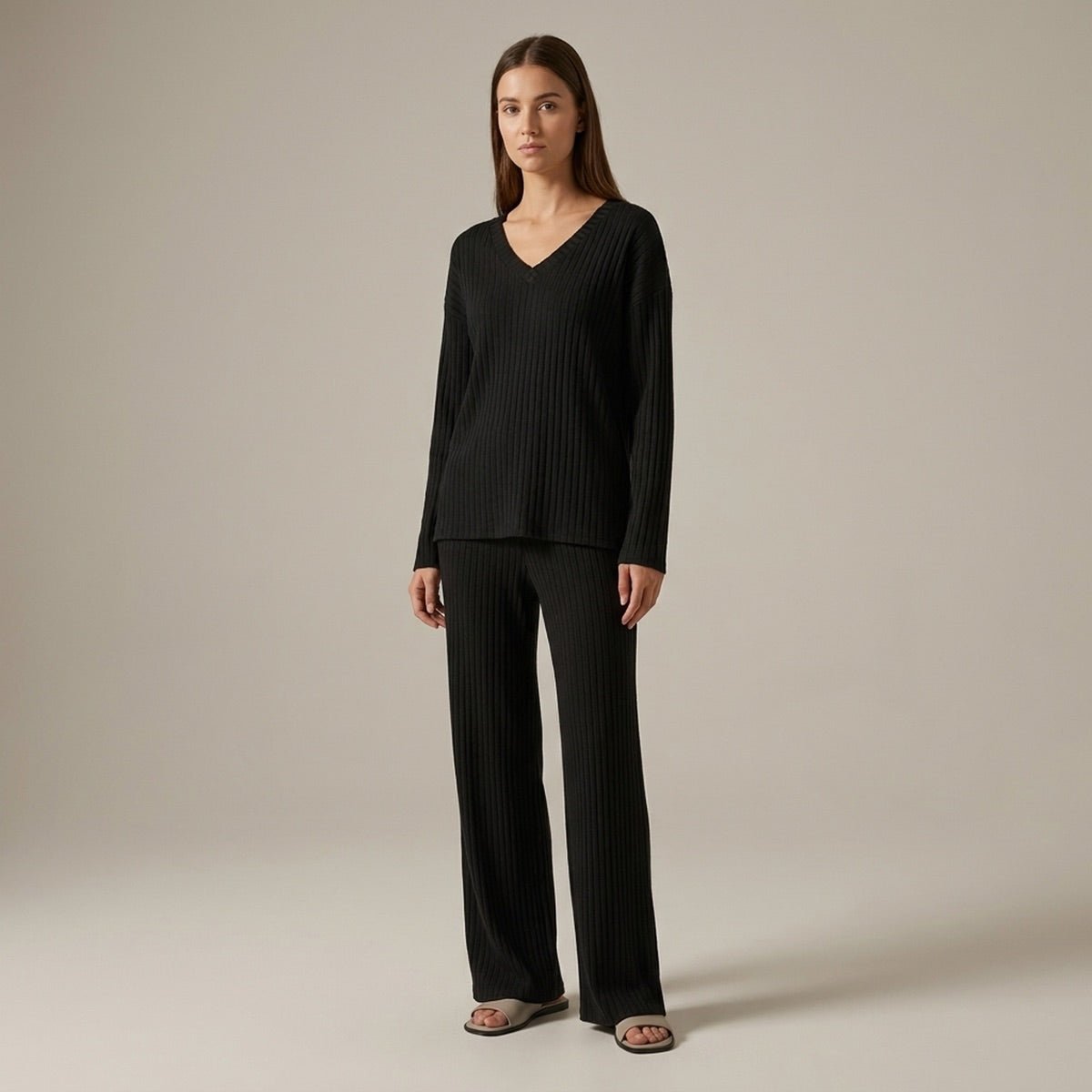 Relaxed V-Neck Top And Wide-Leg Set
