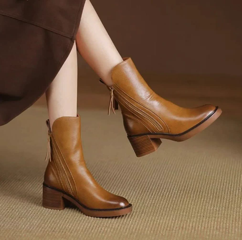 Block Heel Ankle Boots with Zip