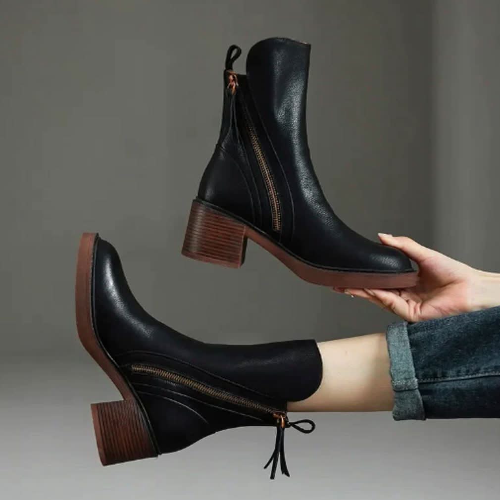 Block Heel Ankle Boots with Zip