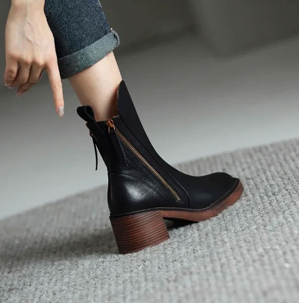 Block Heel Ankle Boots with Zip