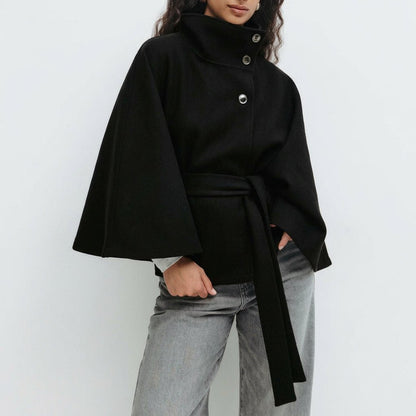 Belted High Collar Cape Coat