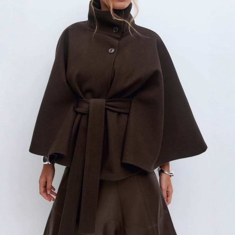Belted High Collar Cape Coat