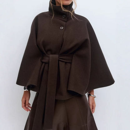 Belted High Collar Cape Coat