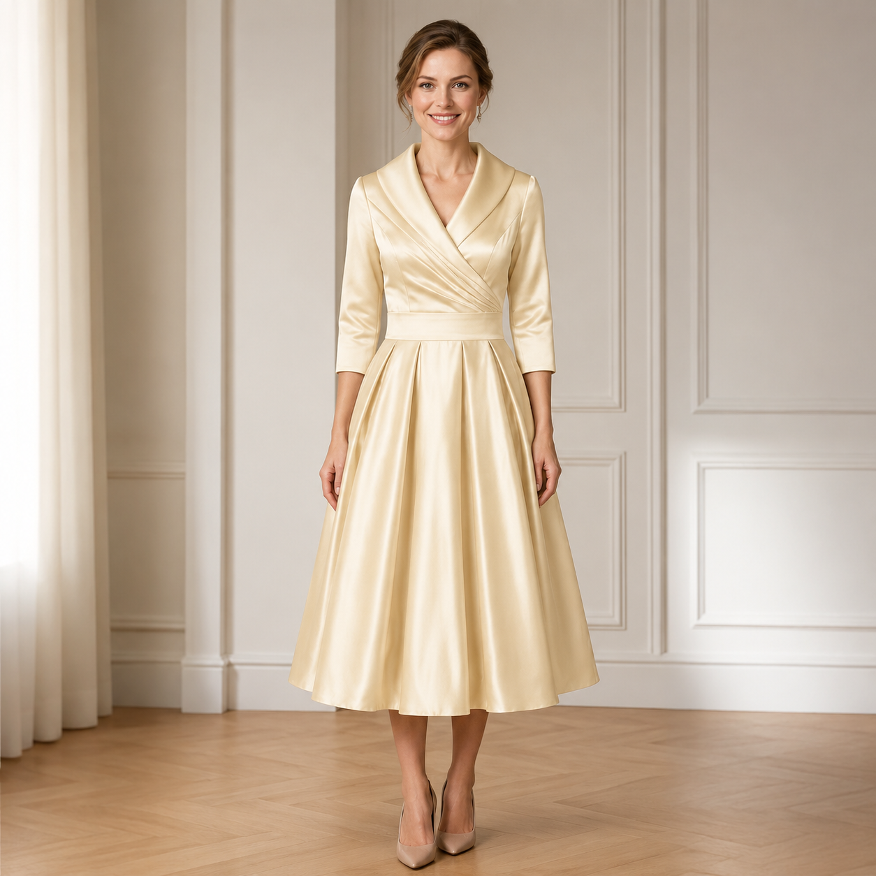 Wrap Neck Pleated Midi Dress