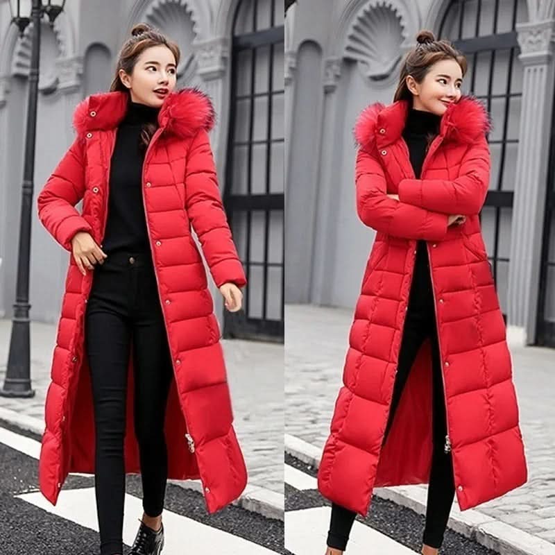 Noa | Abrigo largo acolchado de invierno para mujer con capucha de pelo y cinturón