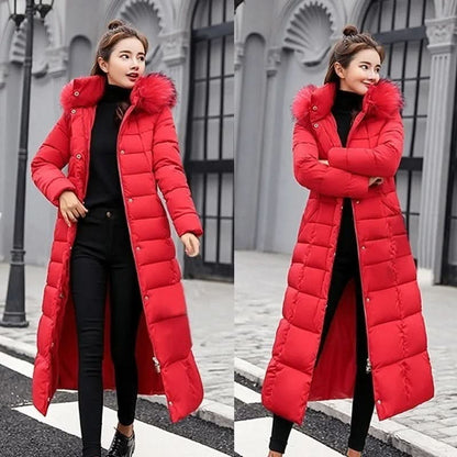 Noa | Abrigo largo acolchado de invierno para mujer con capucha de pelo y cinturón