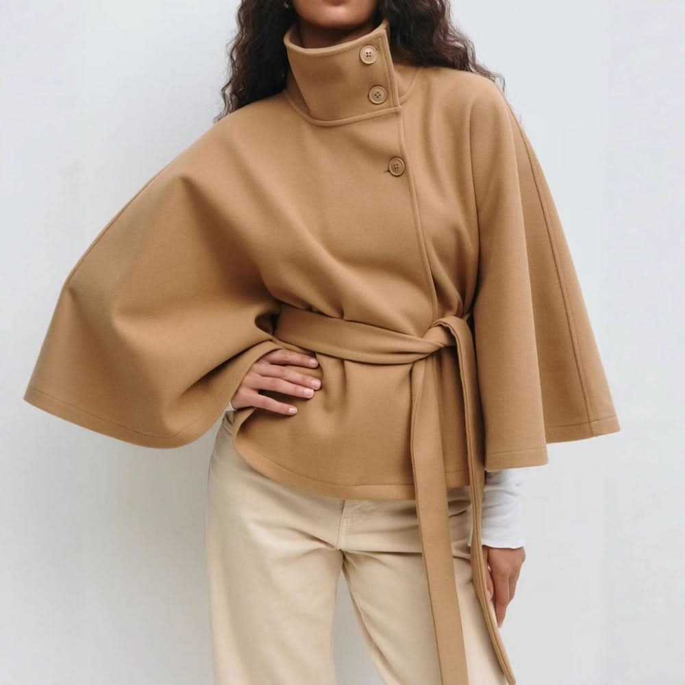 Belted High Collar Cape Coat