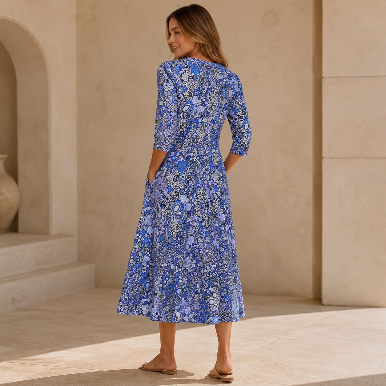 Printed V-Neck Three Quarter Sleeve Midi Dress