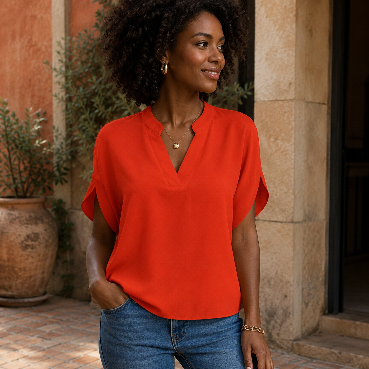Flowy V-Neck Short Sleeve Blouse