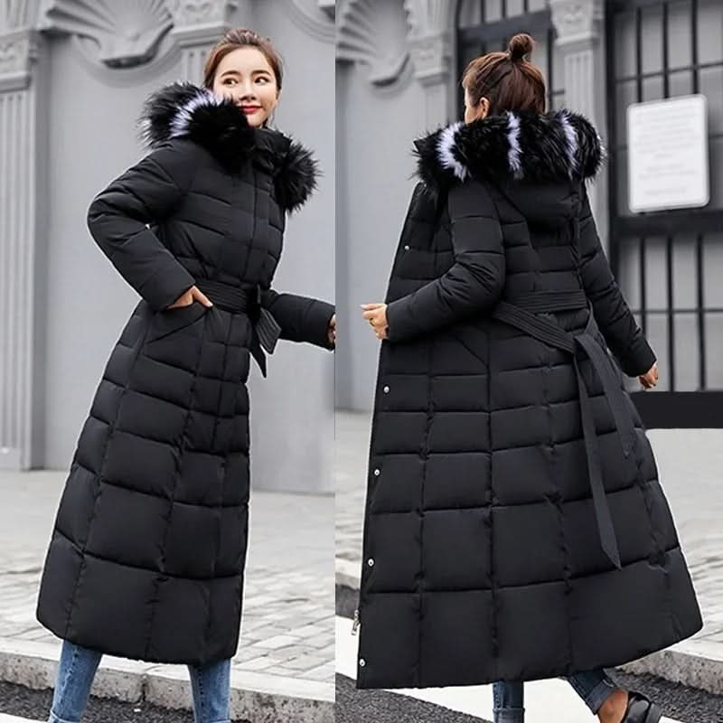 Noa | Abrigo largo acolchado de invierno para mujer con capucha de pelo y cinturón