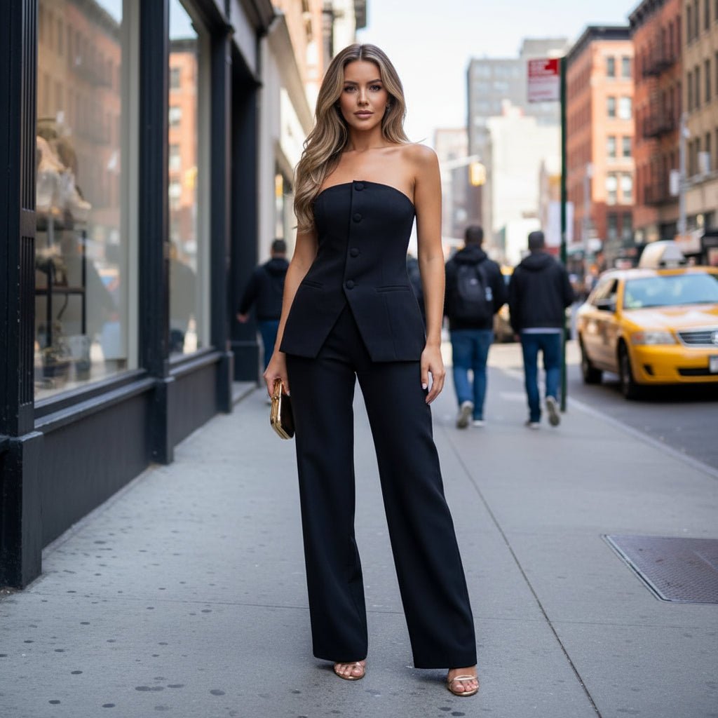 Asymmetric Button Strapless Co-Ord Set