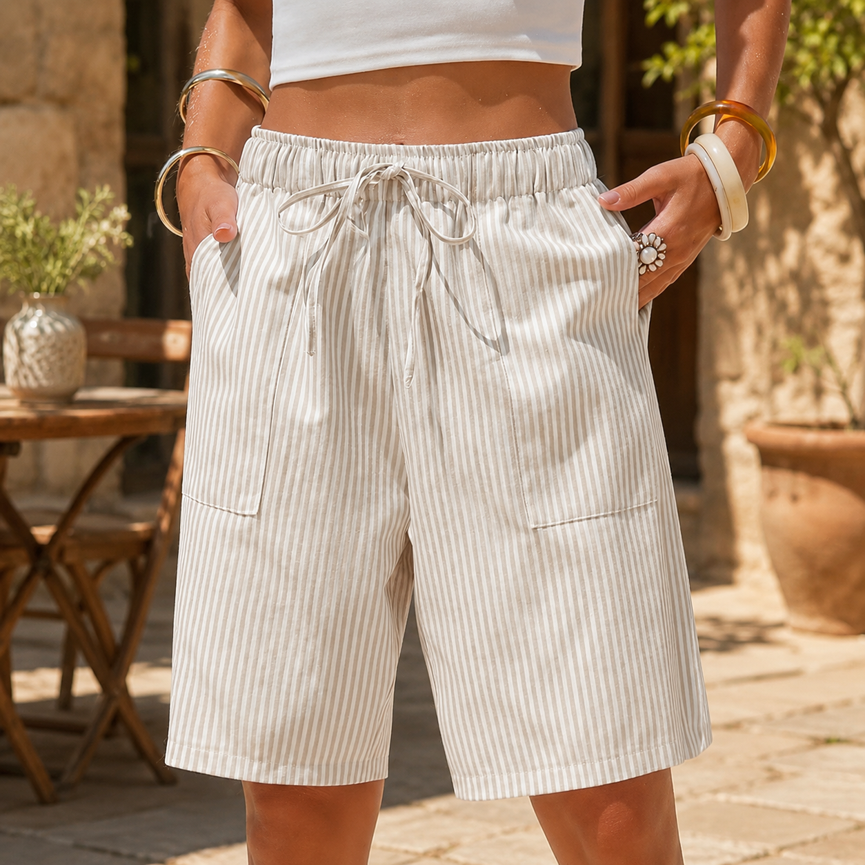 Striped Drawstring Bermuda Shorts