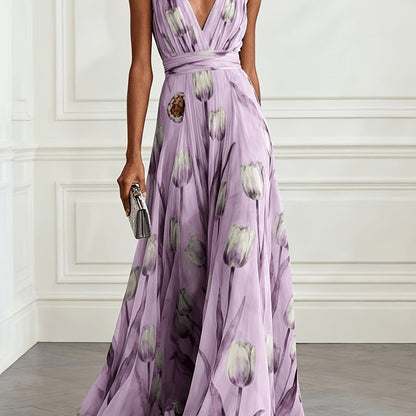 Floral V Neck A Line Maxi Dress