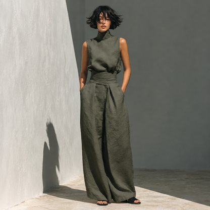 Sleeveless Blouse And Wide Leg Trouser Set