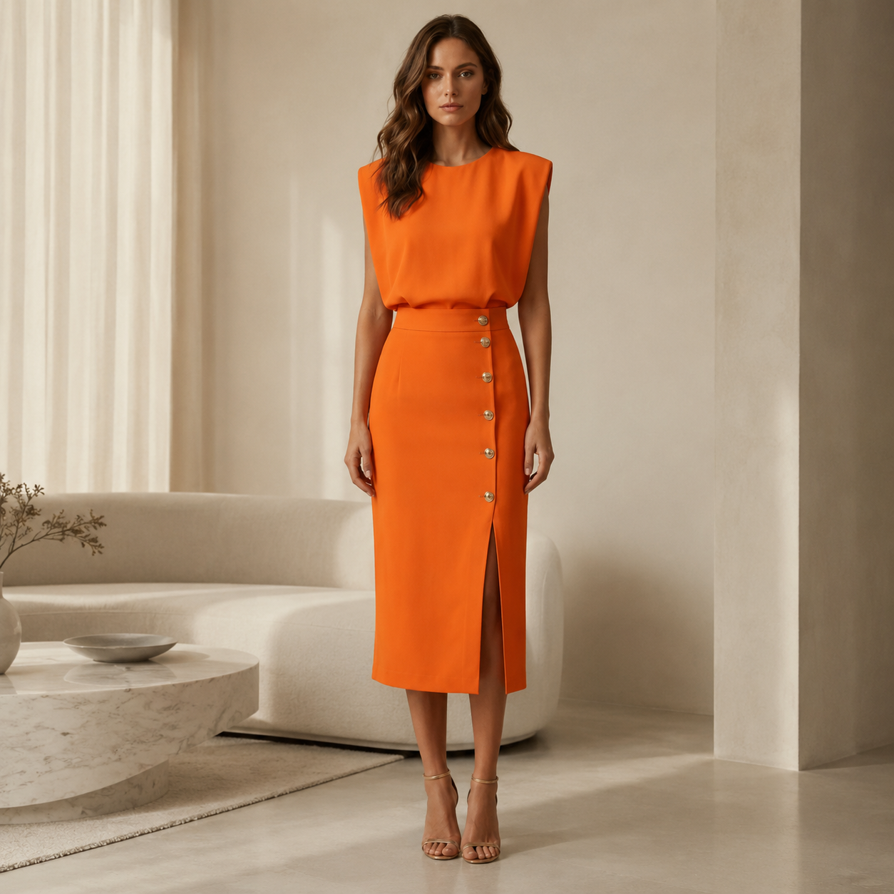 Button Slit Sleeveless Midi Dress