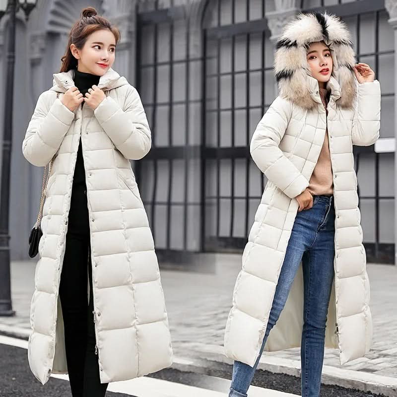 Noa | Abrigo largo acolchado de invierno para mujer con capucha de pelo y cinturón