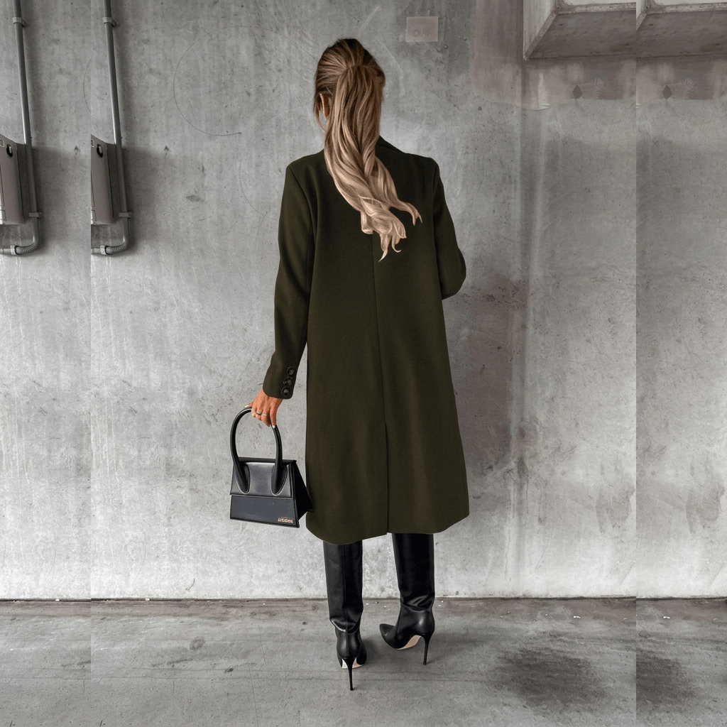 Gia olive coat, back view