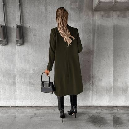 Gia olive coat, back view