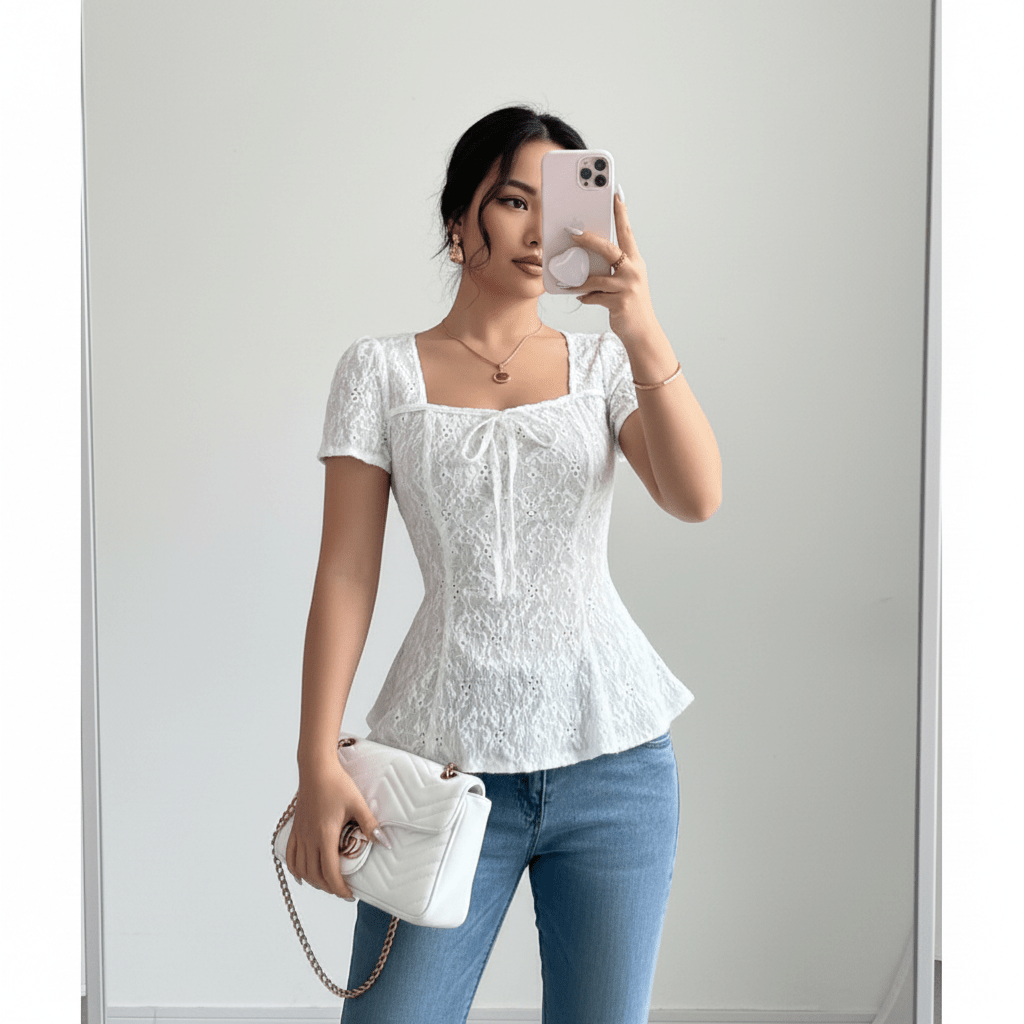 Chic Jacquard Top Puff Sleeve