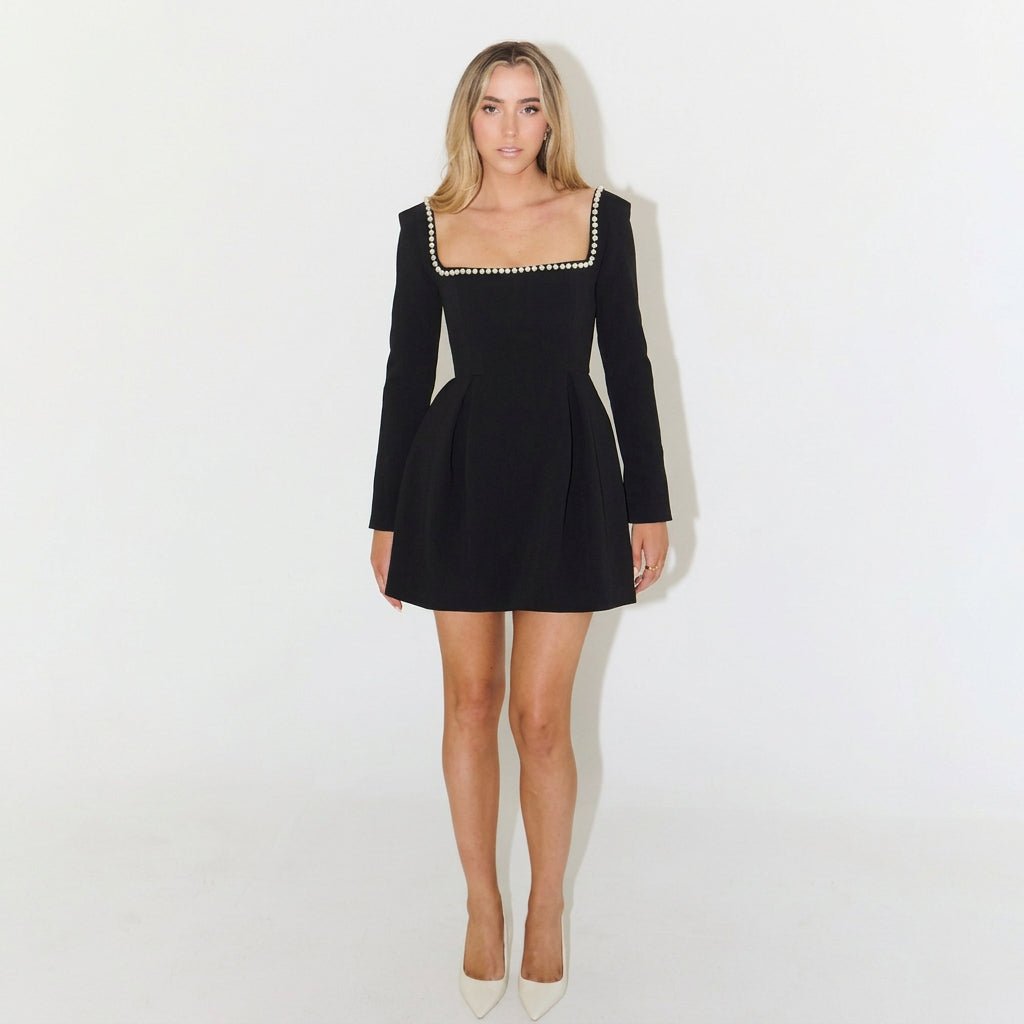 Pearl Trim Long Sleeve Mini Dress