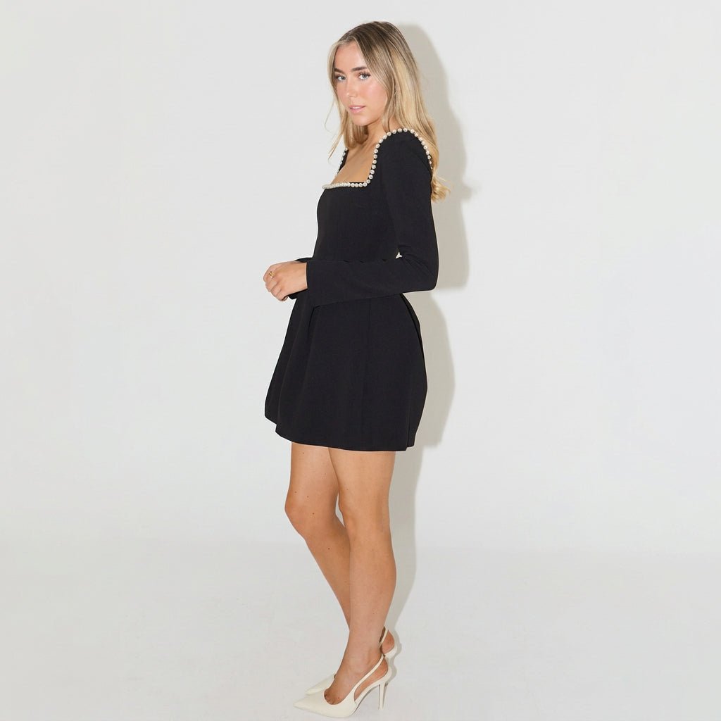 Pearl Trim Long Sleeve Mini Dress