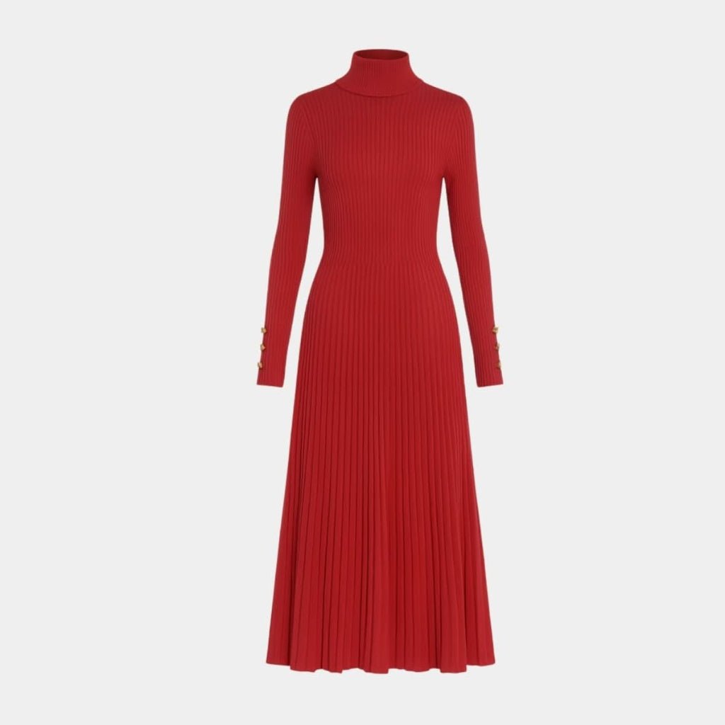 Pleated Turtleneck Midi Dress