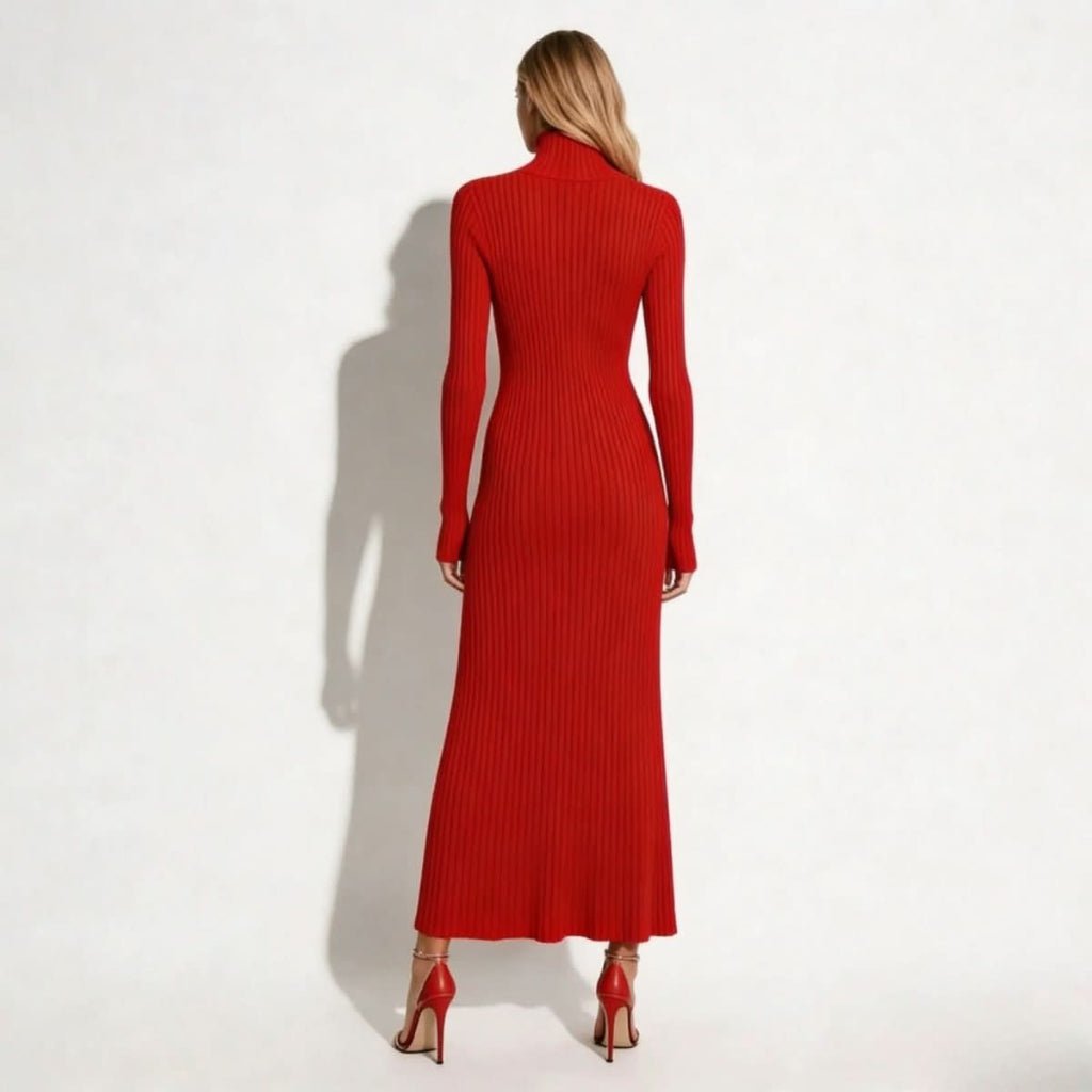 Pleated Turtleneck Midi Dress