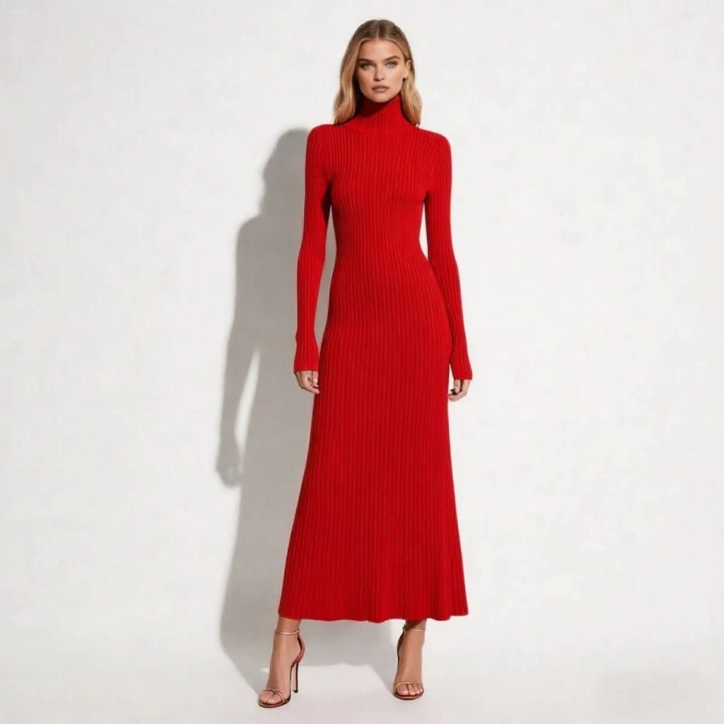 Pleated Turtleneck Midi Dress