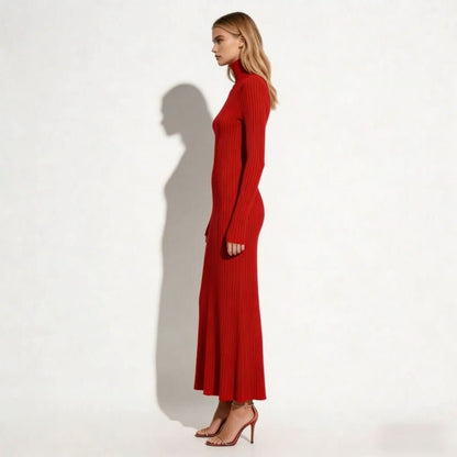 Pleated Turtleneck Midi Dress