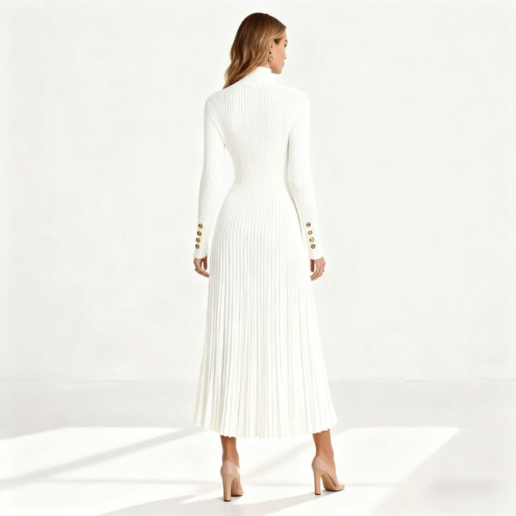 Pleated Turtleneck Midi Dress