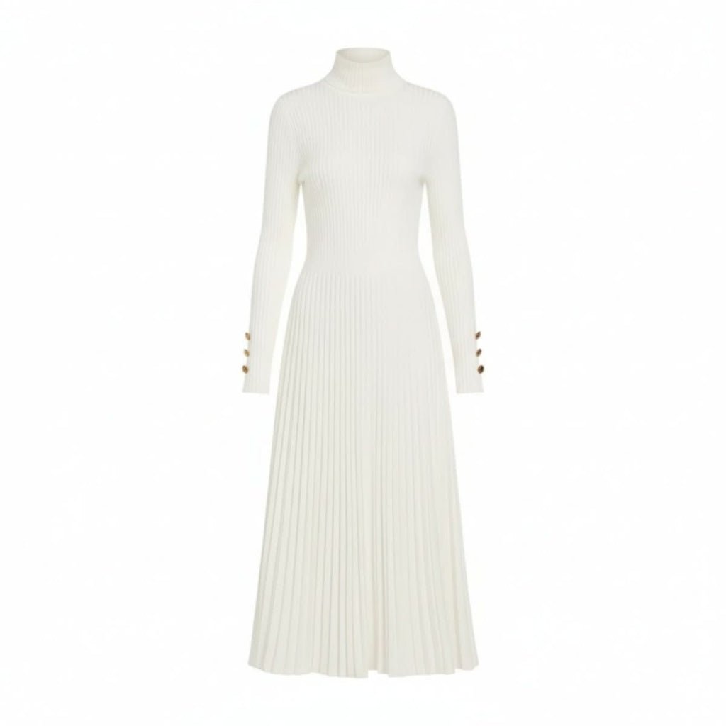 Pleated Turtleneck Midi Dress