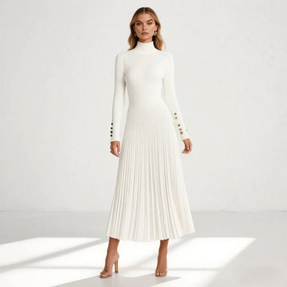 Pleated Turtleneck Midi Dress