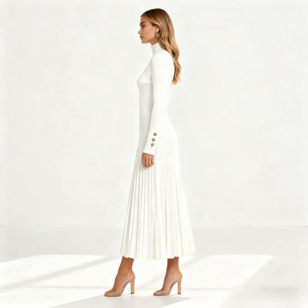 Pleated Turtleneck Midi Dress