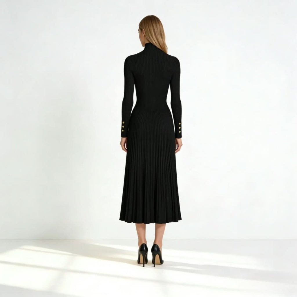 Pleated Turtleneck Midi Dress