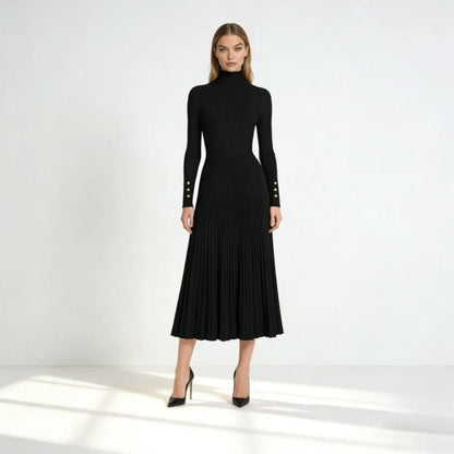 Pleated Turtleneck Midi Dress