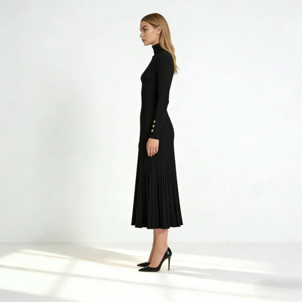 Pleated Turtleneck Midi Dress