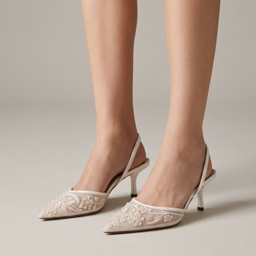 Embroidered Slingback Kitten Heel Footwear